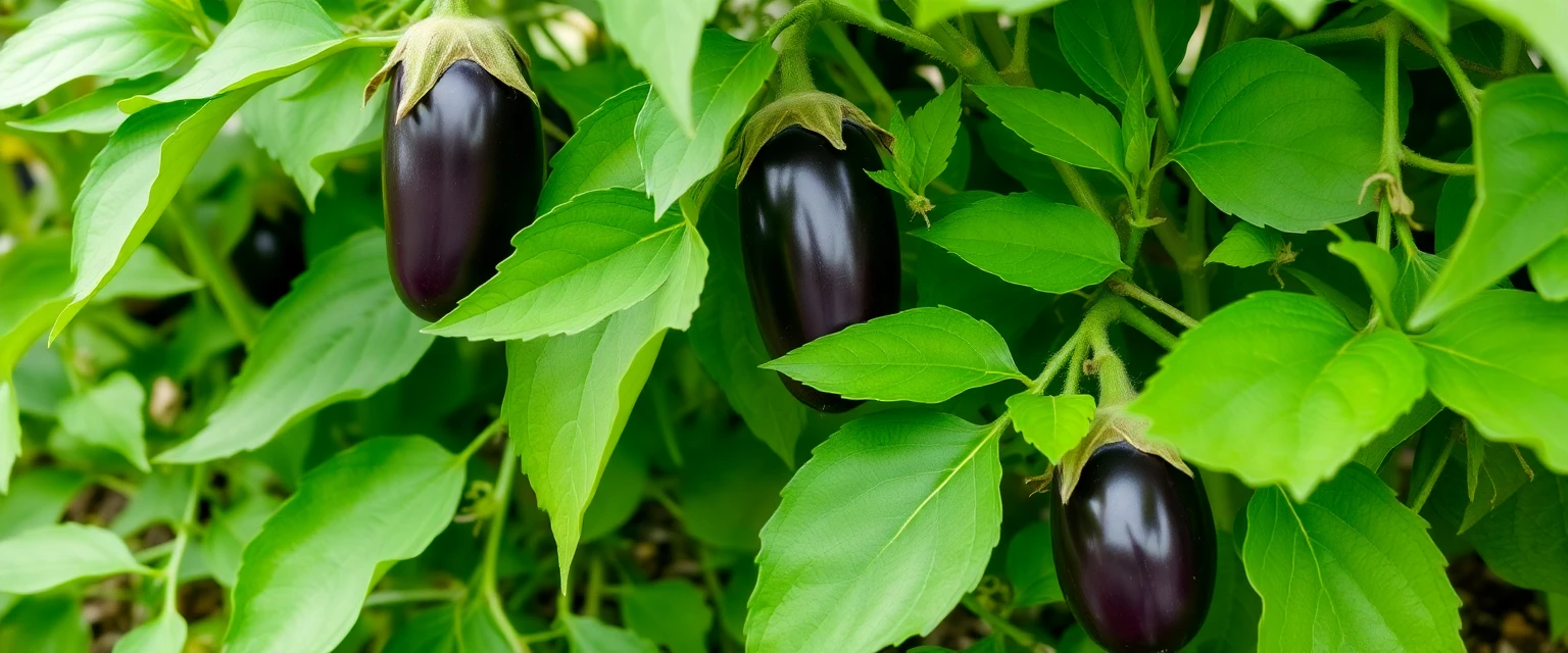 Planta de berenjena recuperada, con hojas verdes y frutos saludables